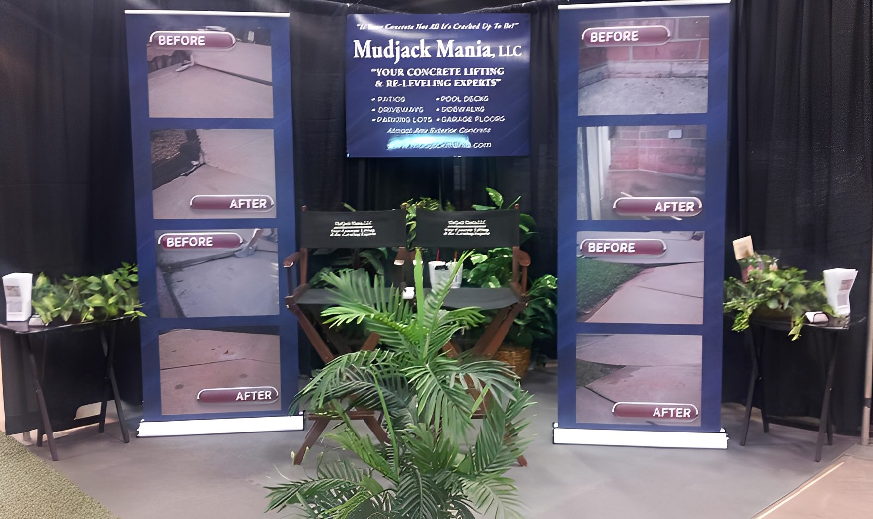 Concrete repair display with before-after images.